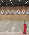 Indoor range with 3 Spot Archery Target Paper Set with Pins on numbered stands, New LAS Version, for practice or training.