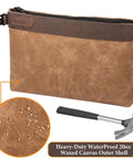 Heavy-duty waterproof waxed canvas tool pouch with zipper, used for tool storage, hammer included, Waxed Canvas Tool Pouches 4 Pack.