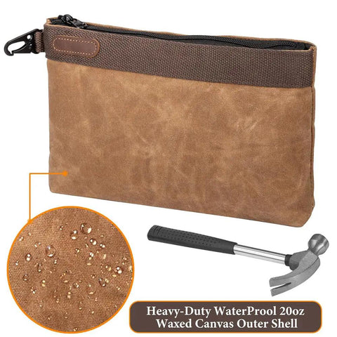Heavy-duty waterproof waxed canvas tool pouch with zipper, used for tool storage, hammer included, Waxed Canvas Tool Pouches 4 Pack.