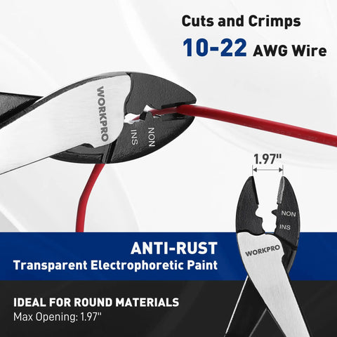 Close-up of heavy duty wire cutter crimper tool for 10 to 22 AWG terminals and connectors insulated and non insulated