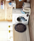 No Sweat Portable Cordless Washer Dryer Combo With Rechargeable Spin Cycle And Big Led Display For Family Laundry Cleaning Heavy Duty Compact Appliance in a modern laundry room.