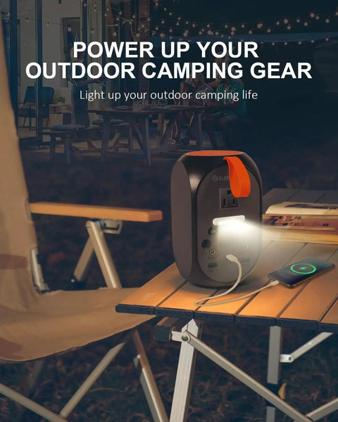 99Wh Portable Power Station With LiFePO4 Battery, 120W Continuous Output charging phone on camping table