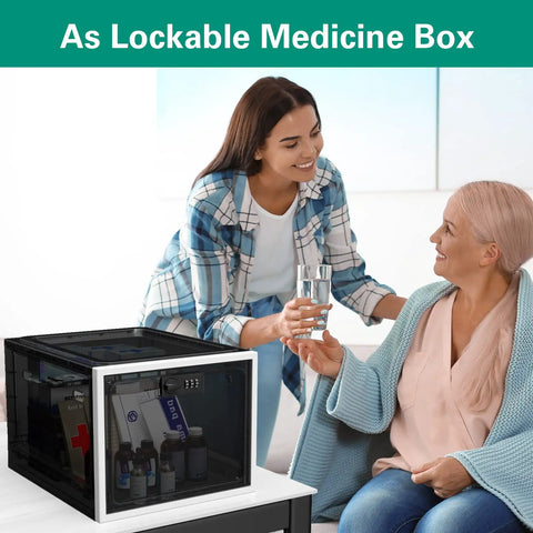 Lockable Medication Storage Box With Code For Medicine And Personal Items Ideal For Dorm Home Or Office Keeps Meds And Phone Safe From Kids Fridge Black, shown on table with people interacting in background.