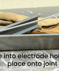 5 64th Inch E6013 Arc Welding Electrodes, 5 Pound Pack, All Purpose Welding Rods For Mild Steel, Easy To Start At Low Amps, Works In All Positions, 60,000 PSI Weld Strength, Best On Clean Light Gauge Metal, Great For Beginners To Pros. Steel welding rods in electrode holder on joint