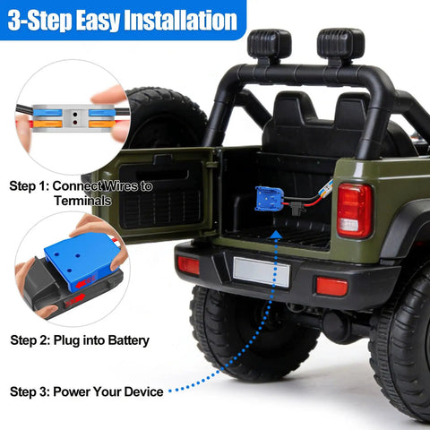 24V Max Battery Adapter With Fuse Protected 14 Gauge Wiring For Power Wheels And DIY Upgrades shown in installation steps.