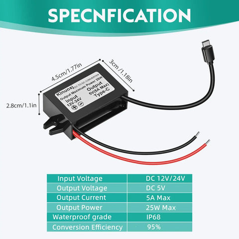 DC 12V 24V To 5V USB C Step Down Converter With Type C Interface 5A 25W Waterproof Buck Module Power Adapter IP68 Durable