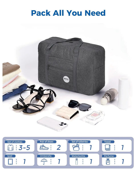 Underseat Travel Duffel Bag 18x14x8 Inches 25L Foldable Personal Item Carry On Luggage Denim Grey For Women with packed items