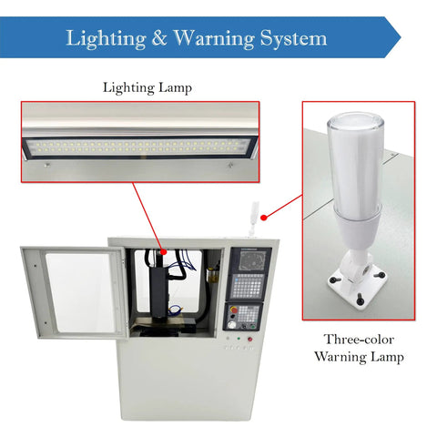 Lighting and warning system on Programmable CNC Drilling And Milling Machine With 12000RPM ER20 Spindle Dual Cooling And Safety Guard