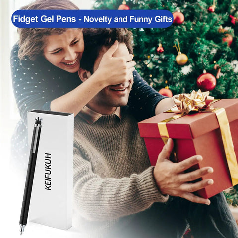 Fidget Gel Pen Gift For Men With A Dope Playful Twist And Practical Use shown with a gift box in a festive Christmas setting.