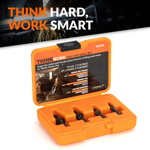 Durable Spiral Flute Step Drill Bit Set, DIY Friendly, 4 Piece HSS Unibit Range From One Eighth To Five Eighths Inch, With One Quarter Inch Shank
