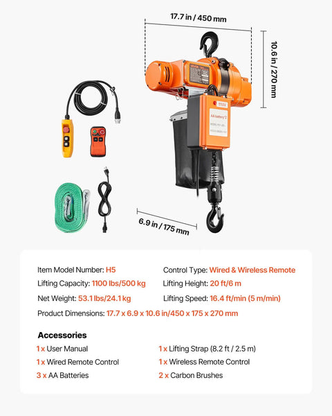 Electric Chain Hoist 1100 Lbs With 20 Ft Lift Height 120V 60Hz Single Phase Overhead Crane with accessories and dimensions.