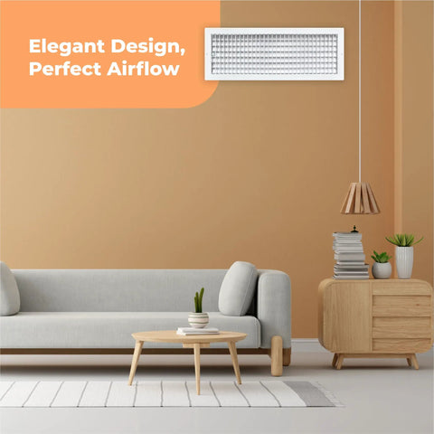 Heavy Duty 24x8 Inch Wall Vent Cover for AC Vents in living room, rustproof aluminum grille, white finish, adjustable blades.