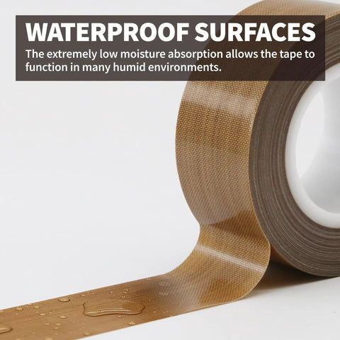 High Temp PTFE Tape For Vacuum Sealers And Hand Impulse Sealers roll showcasing waterproof surface with water droplets, food safe, brown color