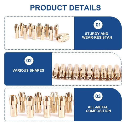 Heavy Duty Drill Chuck Collet Set Replaces 1-32 Inch To 1-8 Inch Keyless Rotary Tool Adapter With Quick Change Nut, golden collets in various shapes.
