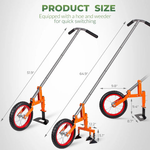 2 In 1 Manual Wheel Hoe Garden Cultivator With Adjustable Long Handle 51.9 To 64.9 Inches, dual tool attachments, heavy duty steel frame
