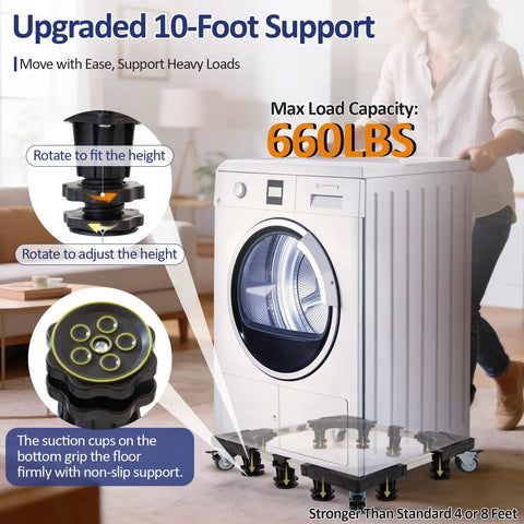 Heavy Duty Appliance Dolly With 10 Support Feet And Four Locking Swivel Wheels For Easy Moving Of Washers Dryers Fridges And Mini Refrigerators. Close-up of adjustable height mechanism and suction cups.