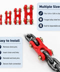 2 Pack 1/4 to 5/16 Inch Chain Repair Links For 8 Gauge Chains, G70 Twin Clevis Link With 4630 Lbs Working Load Limit, Double Clevis Link For Trucks, Trailers, Warehouses, And Seaports, Red Finish, Beefy Heavy Duty Rigging Gear, shown with chain
