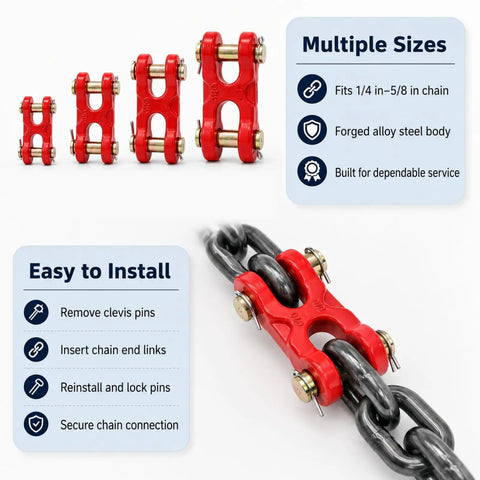 2 Pack 1/4 to 5/16 Inch Chain Repair Links For 8 Gauge Chains, G70 Twin Clevis Link With 4630 Lbs Working Load Limit, Double Clevis Link For Trucks, Trailers, Warehouses, And Seaports, Red Finish, Beefy Heavy Duty Rigging Gear, shown with chain