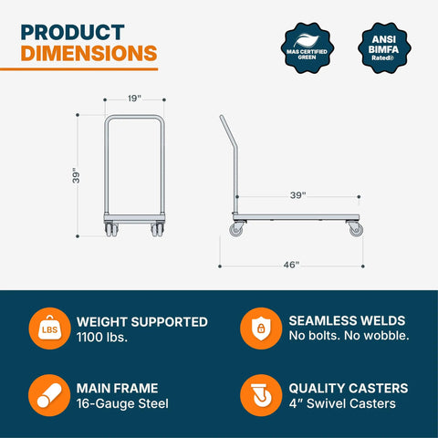 Diagram showing dimensions of Heavy Duty Folding Chair Dolly Cart With 1100 Lb Capacity, Steel Construction, 19 W X 39 L Bed, Swivel Casters.