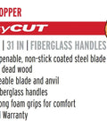 EasyCUT Anvil Lopper listing features, highlighting fiberglass handles and steel blade for cutting dead wood