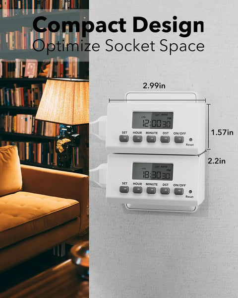 Indoor Digital Timer Outlet With 24 Hour Scheduling displayed, showing two on off programs in a living room setting, compact design.