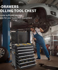 Rolling Tool Chest With Wheels For Garage Or Workshop, 7 Drawers Metal Tool Box With Pegboard, mechanics working in garage