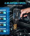 Badass Cordless Impact Wrench Featuring A Brushless Motor That Cranks Out Knockout Torque With Tough As Nails Build Quality Built Like A Tank For Rugged Jobsites And Makita 18V Battery Compatibility; showcasing 4 adjustable speeds and use on a vehicle's engine.