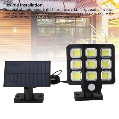 Eminchu Solar Flood Light for Patio Yard, 240 LED with solar panel and light fixture, flexible installation with extension cable.