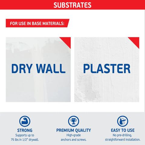 Substrates for Heavy Duty Nylon Drywall Anchors With Screws 25 Pack showing drywall and plaster surfaces for installation.