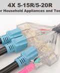 RV Generator Power Distribution Cord 50 Amp NEMA 14 50P Male To Four 5 15R And 5 20R T Blade Household Outlets close-up