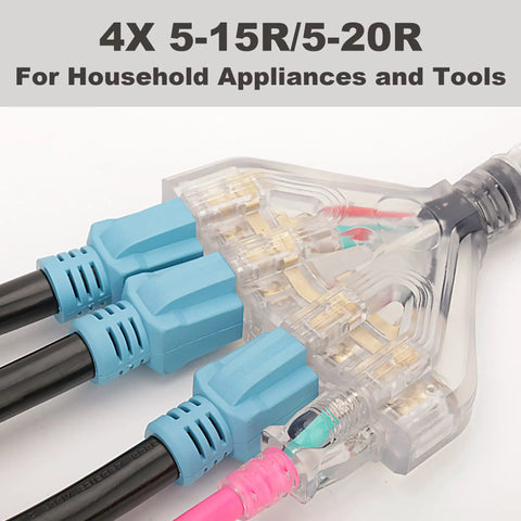 RV Generator Power Distribution Cord 50 Amp NEMA 14 50P Male To Four 5 15R And 5 20R T Blade Household Outlets close-up