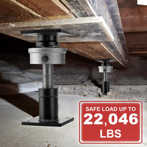 Heavy Duty Adjustable Screw Jacks For Home Leveling With Built Tough Steel Frames Holding 22046 Lbs under a wooden structure.