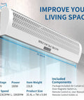 36 Inch Wall Mounted Air Curtain For Commercial Doors With Magnetic Switch Zero Hassle Setup Energy Saving Dust And Pest Blocker showing dimensions and features.
