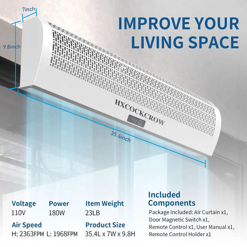 36 Inch Wall Mounted Air Curtain For Commercial Doors With Magnetic Switch Zero Hassle Setup Energy Saving Dust And Pest Blocker showing dimensions and features.