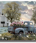 Blue Antique Pickup Truck Canvas Wall Art With Floral Accents For Farmhouse Decor, Spring Country Farm Pictures Wall Art, Rustic Old Truck Canvas Prints For Home With Country Vibes, Frameless 12 By 16 Inch