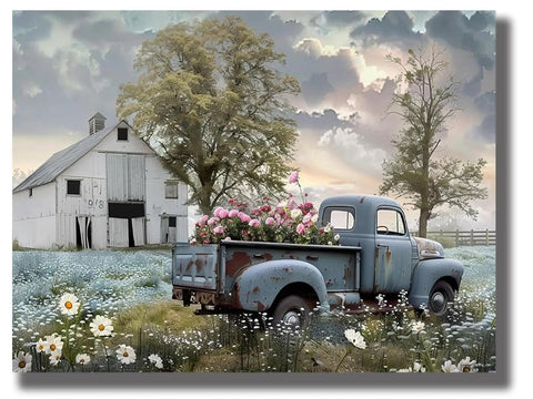 Blue Antique Pickup Truck Canvas Wall Art With Floral Accents For Farmhouse Decor, Spring Country Farm Pictures Wall Art, Rustic Old Truck Canvas Prints For Home With Country Vibes, Frameless 12 By 16 Inch