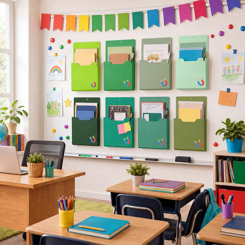 8 Pack Extra Large Magnetic File Holders for Fridge and Wall Organizer 15.7 x 9.1 x 1 Inches Green Set in classroom