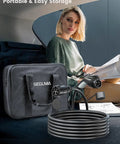 21 Foot J1772 EV Extension Cable For Level 1 And Level 2 Chargers coiled in car trunk with carrying bag