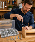 Top Shelf M2 Self Tapping Screws 800 Piece Combo Pack Nickel Plated Carbon Steel in organizer, man assembling wooden project.
