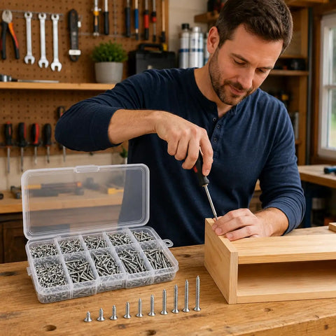 Top Shelf M2 Self Tapping Screws 800 Piece Combo Pack Nickel Plated Carbon Steel in organizer, man assembling wooden project.