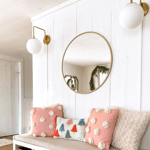 Gold Plug In Wall Sconce With Milk Glass Shade Globe Lighting Brass Swing Arm Wall Light Fixture in cozy living space