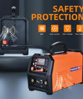 3 In 1 MIG Welder With Dual Voltage 110V 220V Flux Core Gasless MIG Lift TIG Stick Workhorse Portable Inverter Welder With Big LED Display For Beginners front view with safety features