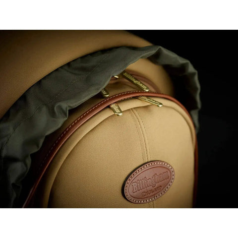 Rucksack 25 Camera Bag For DSLR Gear With Tablet Pocket, Padded Dividers, Sage FibreNyte with Chocolate Leather Trim detail
