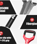 Close-up of features on drain spade root saw shovel: 1050MN steel blade, fiberglass handle, non-slip grip for digging.