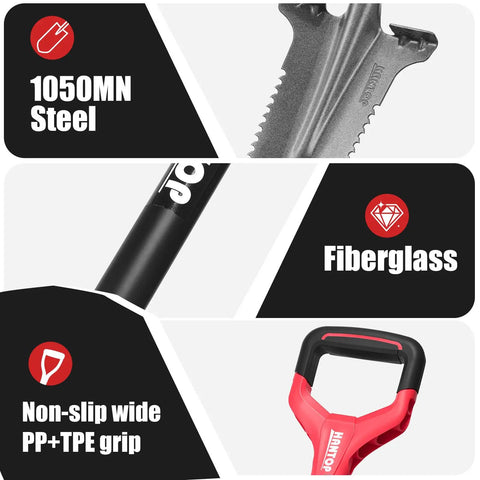 Close-up of features on drain spade root saw shovel: 1050MN steel blade, fiberglass handle, non-slip grip for digging.