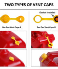 Two types of yellow vent caps for Spout Replacement Kit For Gas Cans 1/2, 5, 10 Gallon Easy Pour Nozzle Fits Most Cans Yellow HDPE
