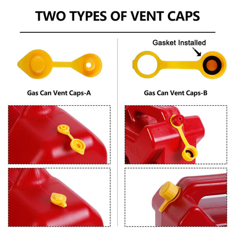 Two types of yellow vent caps for Spout Replacement Kit For Gas Cans 1/2, 5, 10 Gallon Easy Pour Nozzle Fits Most Cans Yellow HDPE