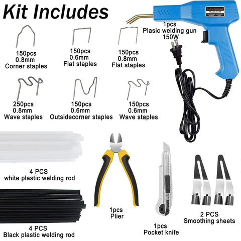 Beefy 150W Plastic Welder Kit with 1000 Hot Staples, welding rods, plier, pocket knife, and thermal smoothing heads displayed.