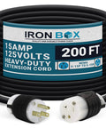 Real Deal 200 Foot Heavy Duty Extension Power Cord 10 Awg 15 Amp 125 Volt Copper Cable With Solid Brass Plugs For Outdoor Jobsites And Home Garage Equipment, coiled with plugs visible.