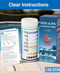 8-In-1 Pool Test Strips Kit For Salt Water Pools And Hot Tubs, 150-Count, packaging next to pool with instructions and strips
